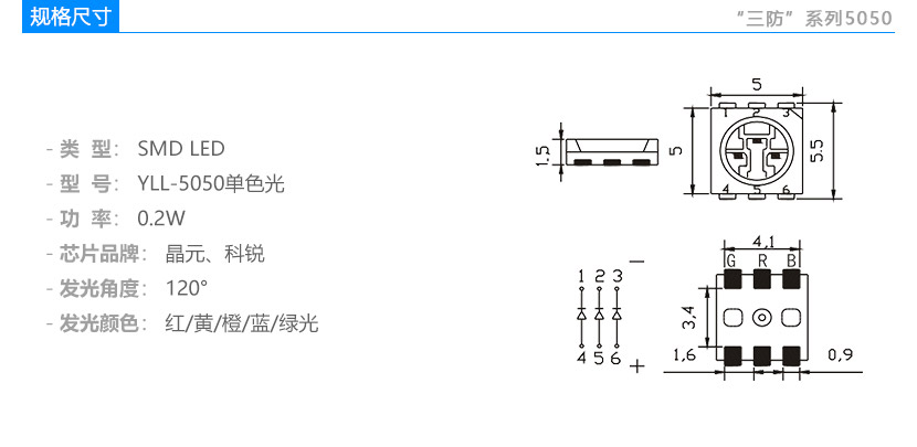 三防系列5050单色光贴片led规格